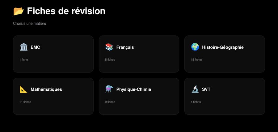 Écran des fiches de révision d'EasyBoost, classées par matière