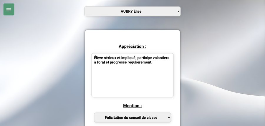 Saisie d'une appréciation d'élève dans EasyCouncil : sélection de l'élève, appréciation et mention